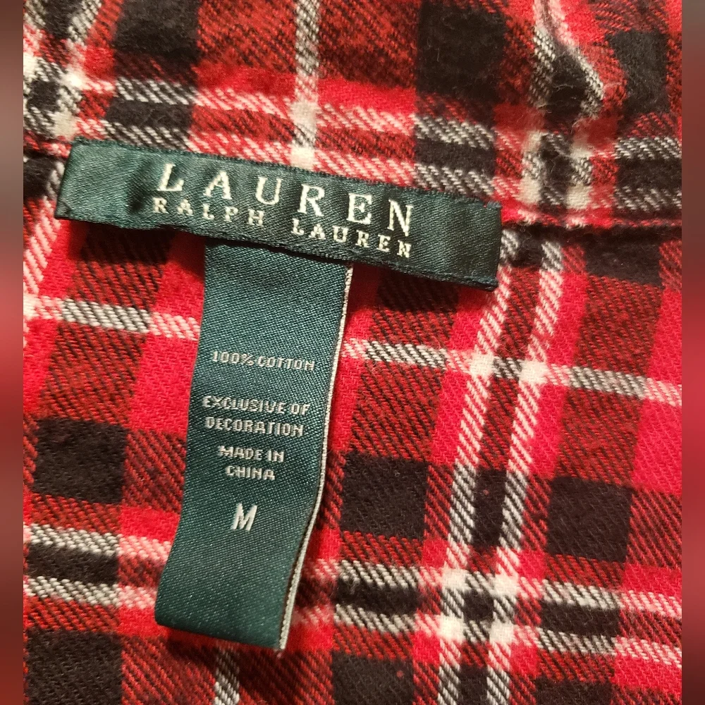 Lauren Ralph Lauren Womens Red Plaid Crest Logo Longsleeve Fleece PJ Top Flannel